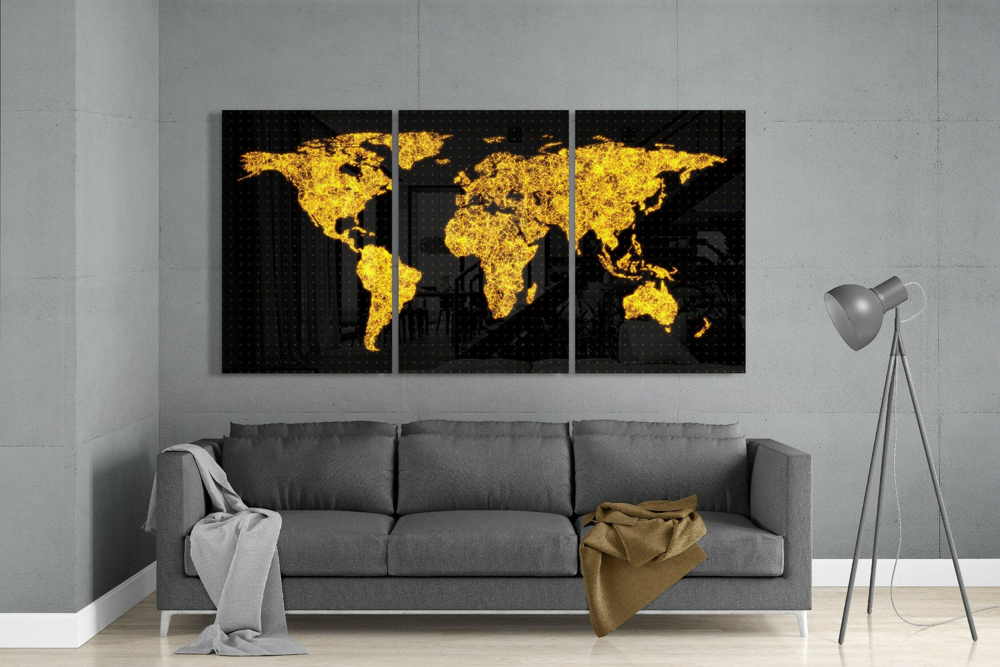 Glowing Gold Wire World Map Glass Wall Art