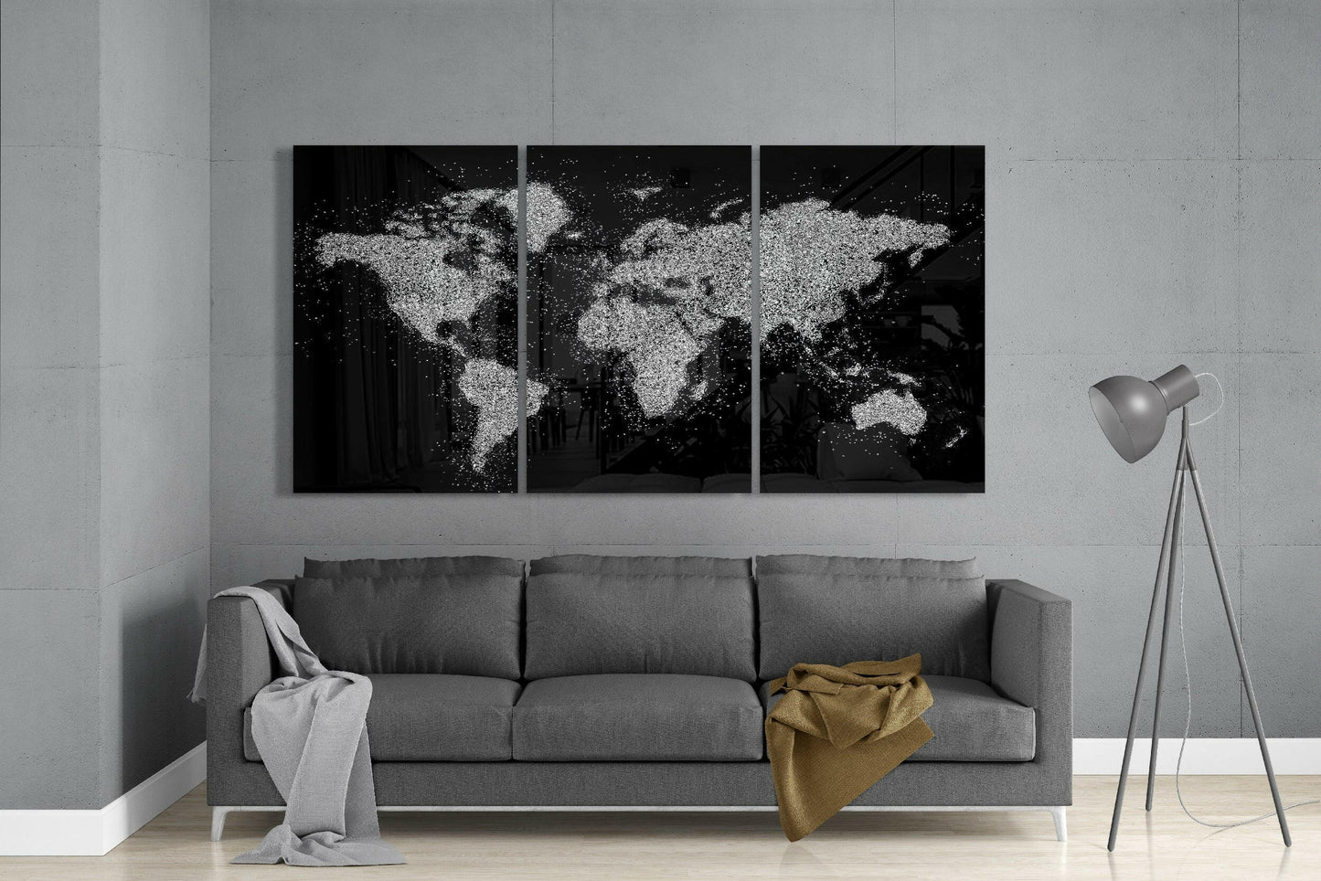 White Paint Splatter World Map Glass Wall Art
