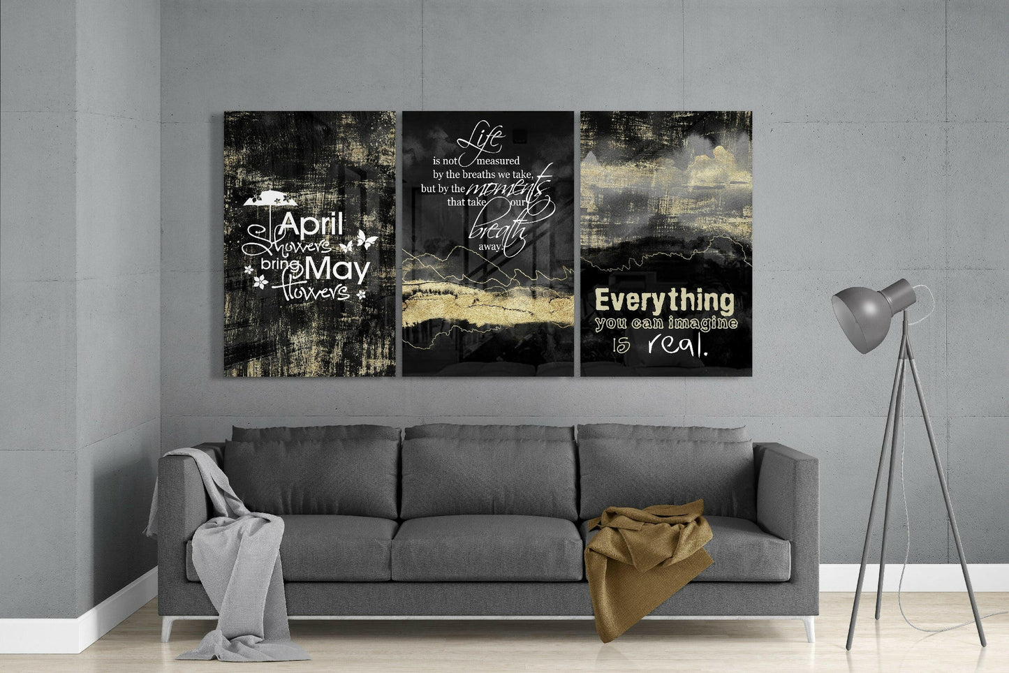 Black Gold Inspirational Quotes Trio Glass Wall Art