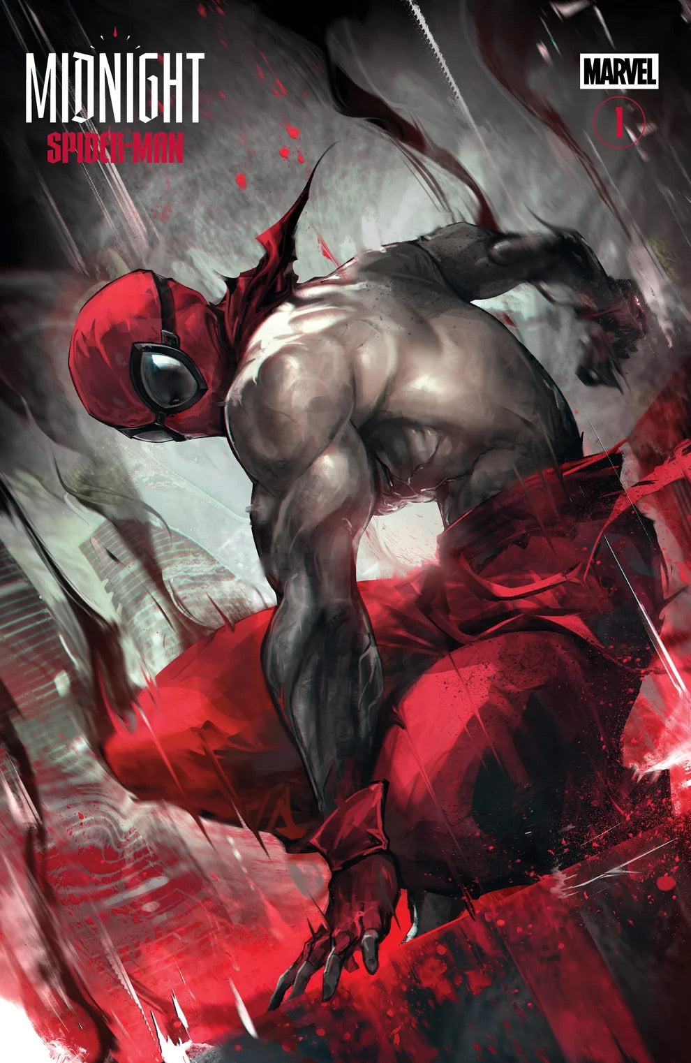 Cover of a crouching muscular figure in a red mask with black eye lenses, with the title MIDNIGHT SPIDER-MAN printed at top.