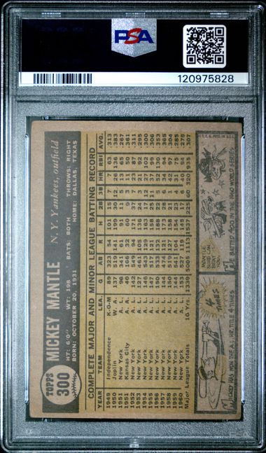 Reverse side of 1961 Topps Mickey Mantle #300 baseball card showing tan statistics grid, Chinese characters, and decorative artwork in PSA graded holder.