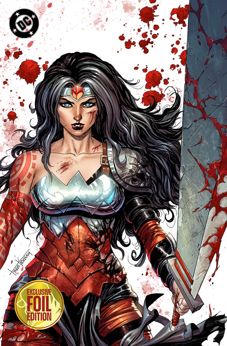 Battle-damaged Wonder Woman with long black hair, red and white costume, holding sword, surrounded by blood splatters on white background with DC logo.