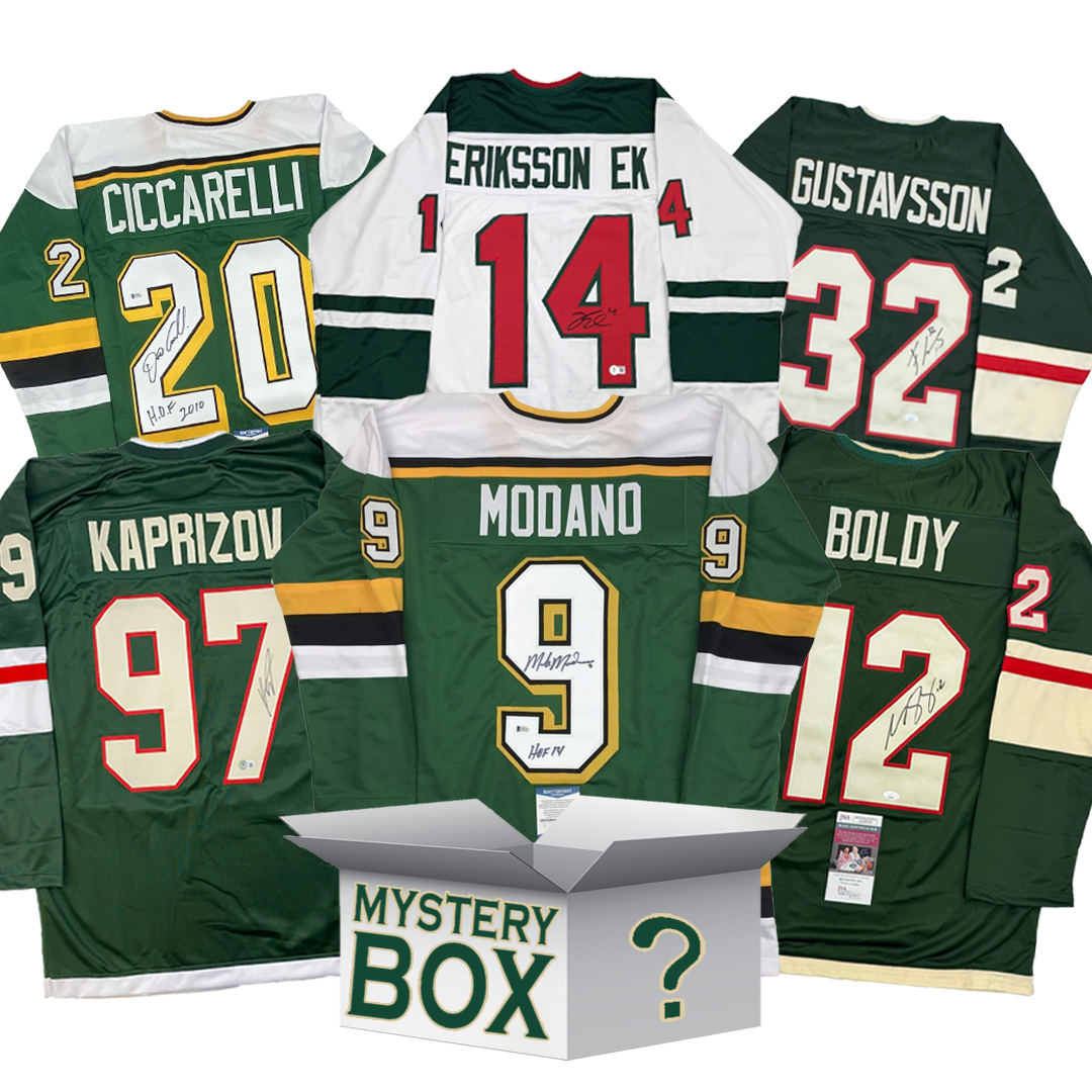 Six signed Minnesota hockey jerseys in green, white and red arranged around a white mystery box with question mark.