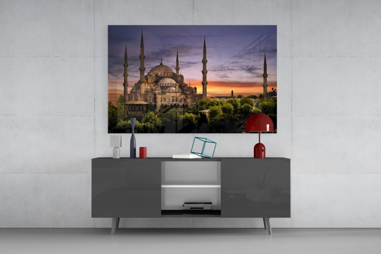 Purple Sunset Sky Blue Mosque Glass Wall Art