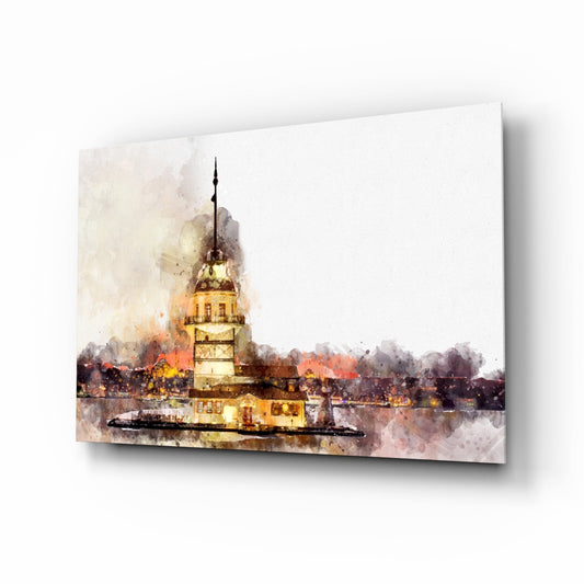 Watercolor-style glass art of illuminated Maiden's Tower on water with warm sepia tones and misty shoreline, displayed at angle.