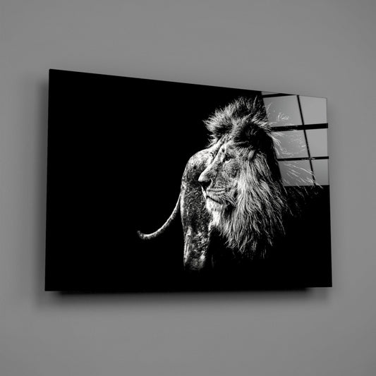 Black and white lion profile on glass wall art with gridded window panes visible in upper right corner against gray background.