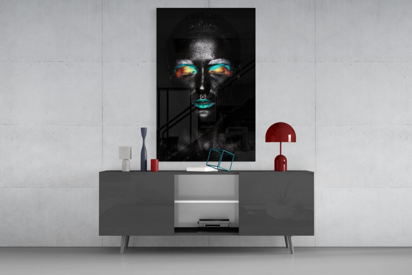 Teal Orange Eyeshadow Woman Glass Wall Art