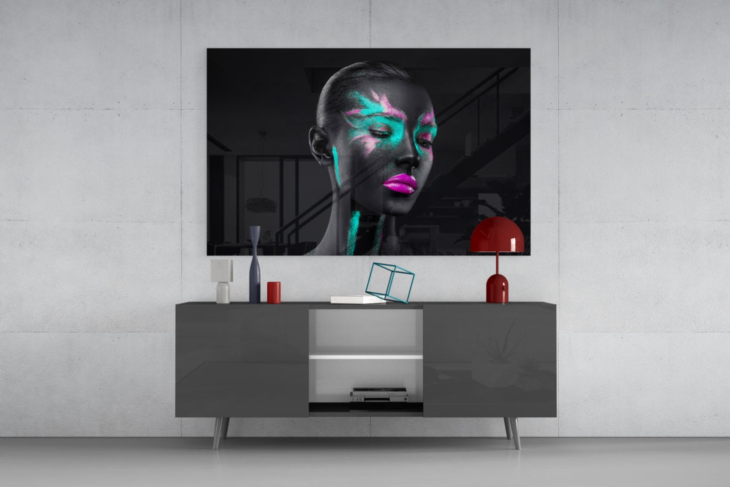 Teal Pink Brushstroke Woman Glass Wall Art