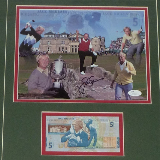 Framed display showing signed golf photograph above British five pound note featuring Jack Nicklaus at St Andrews.
