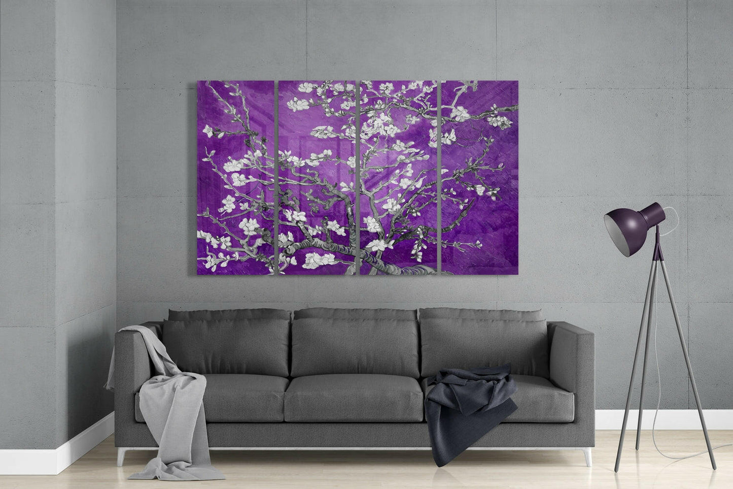 Violet Purple Sakura Blossom Branches 4 Pieces Mega Glass Wall Art