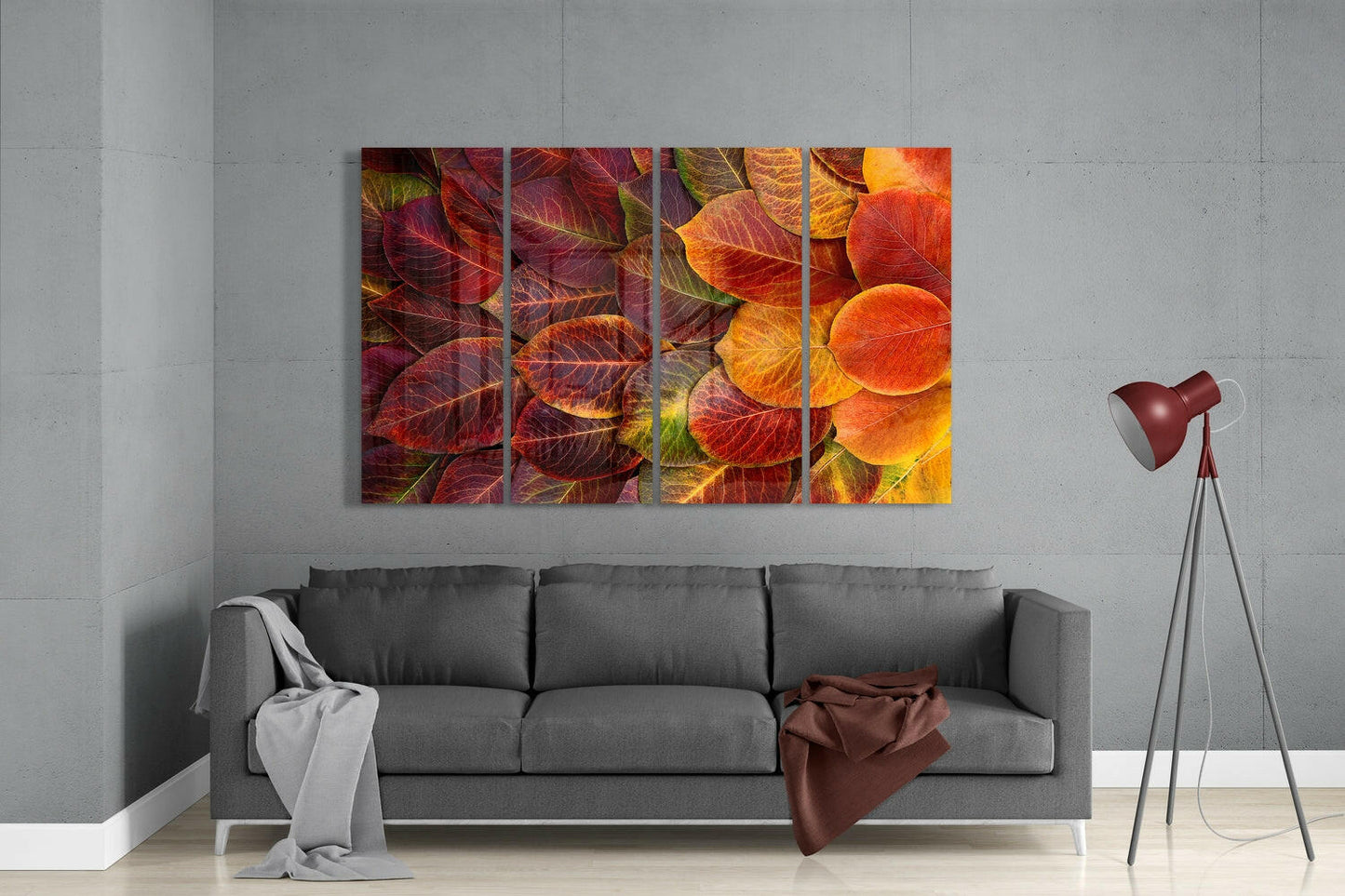 Crimson Fallen Autumn Leaf Pile 4 Pieces Mega Glass Wall Art