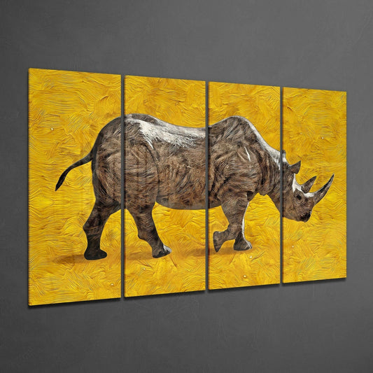 Four-panel glass wall art displaying a detailed brown rhino in profile against a vibrant yellow textured background.