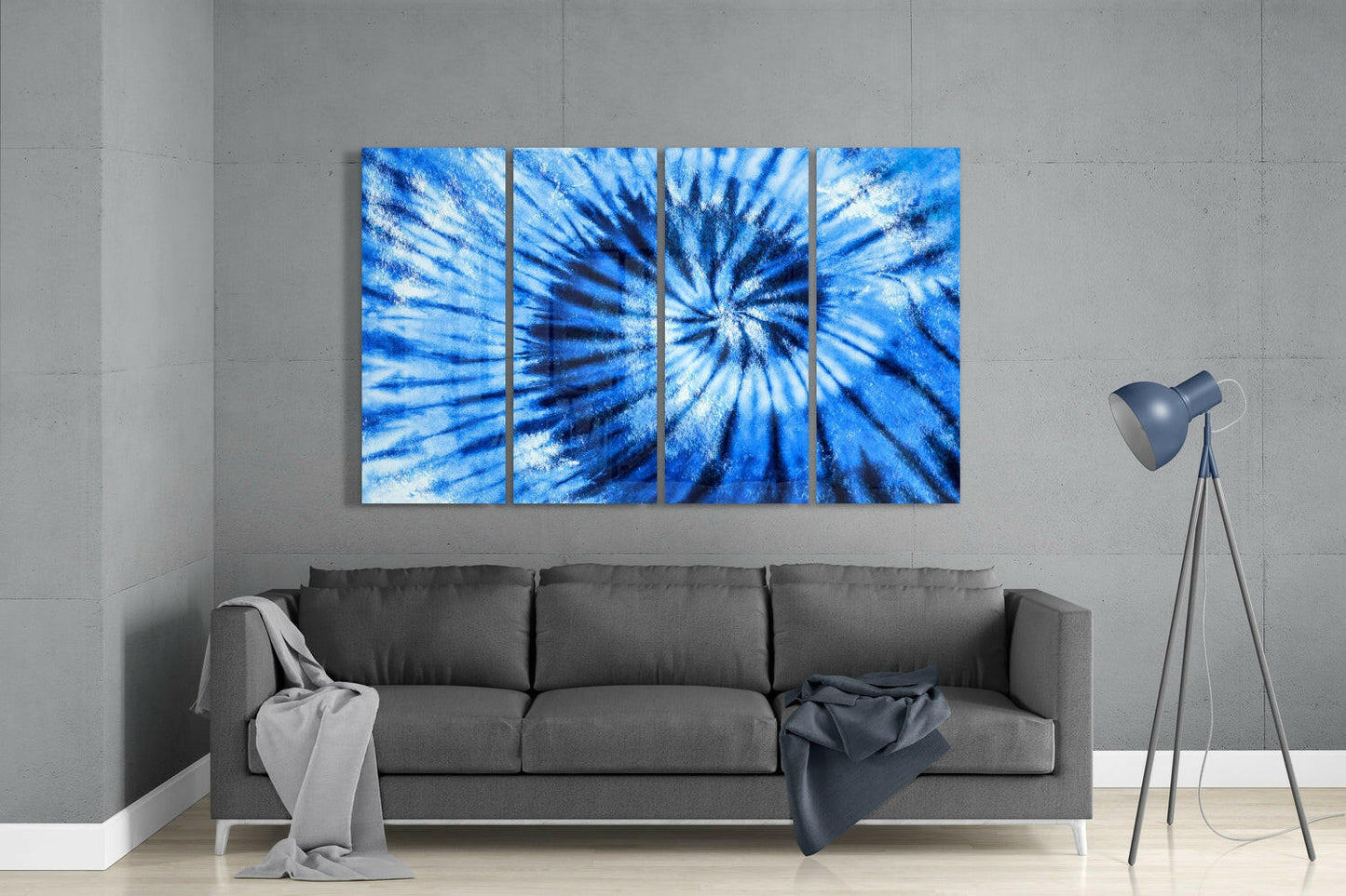 Indigo Tie Dye Spiral 4 Pieces Mega Glass Wall Art