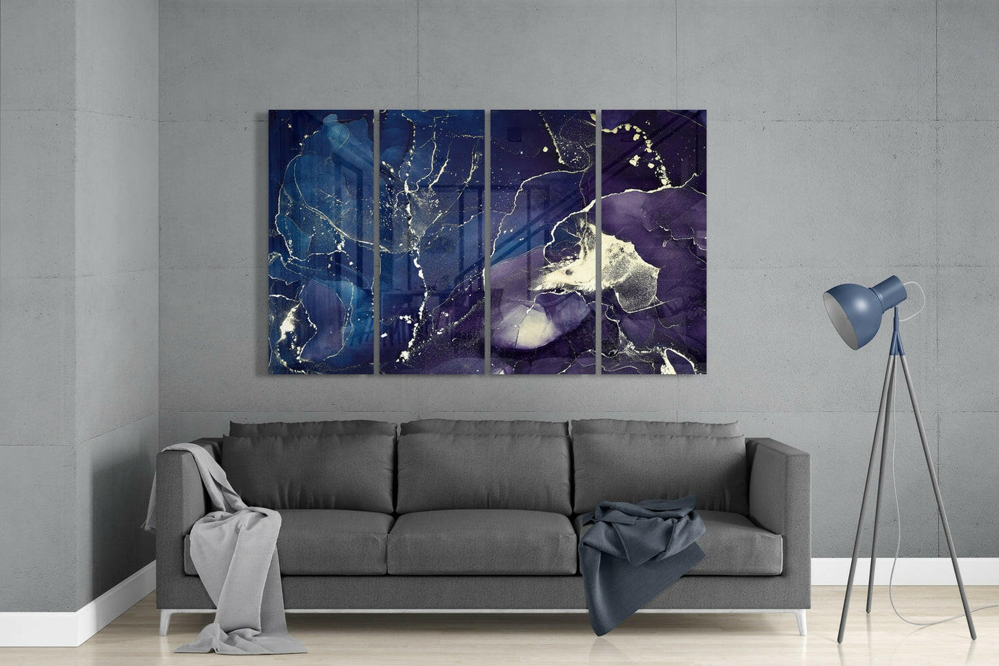 Indigo Navy Gold Marble Glass Wall Art