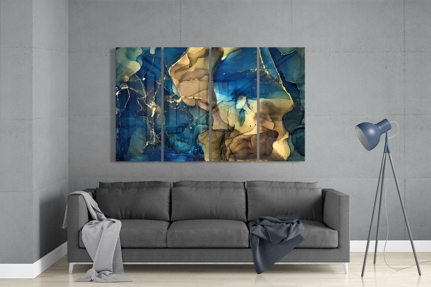 Blue Gold Tan Marble Glass Wall Art