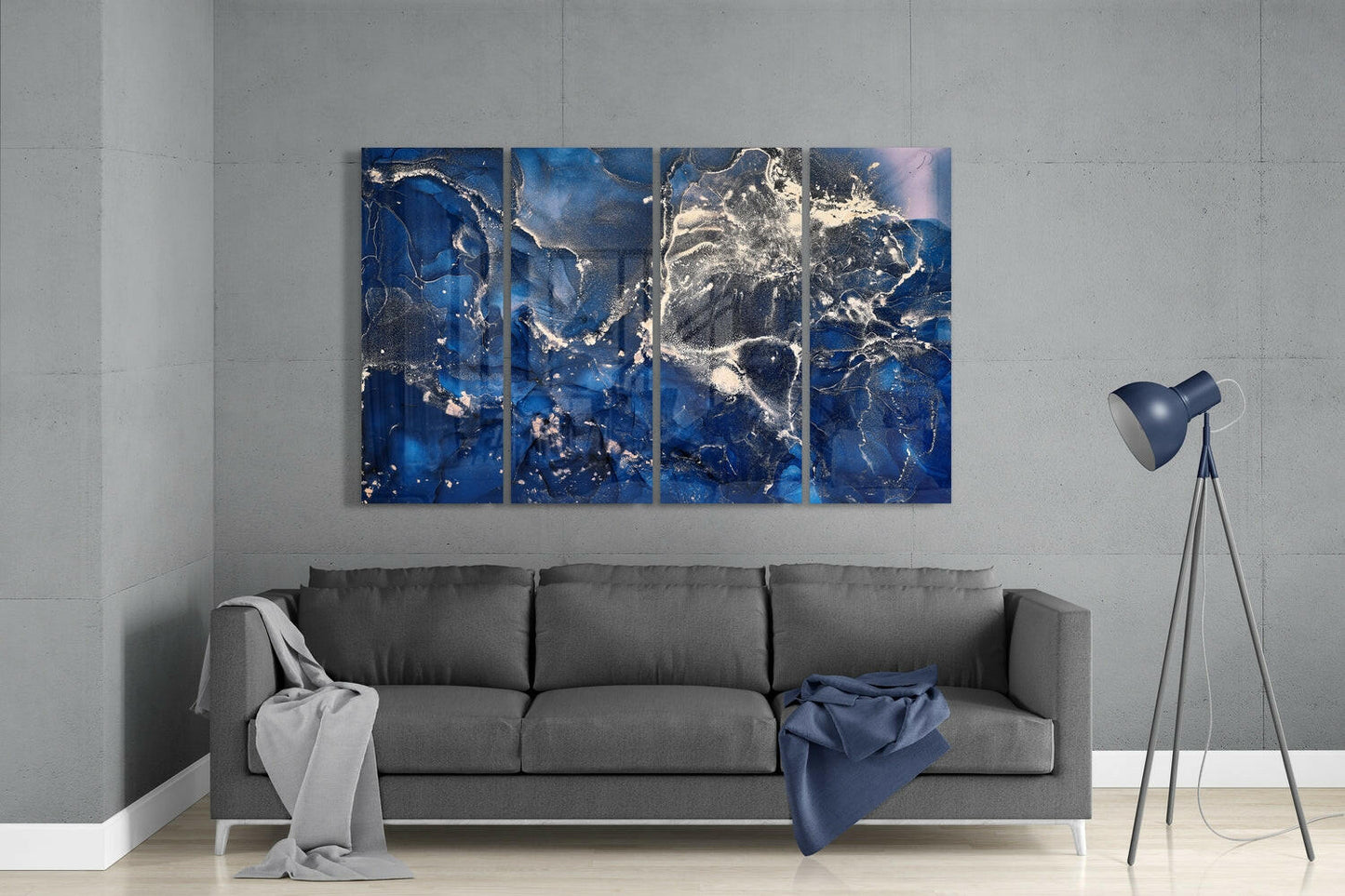 Navy Blue Silver Marble Glass Wall Art