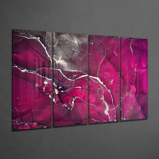 Four-panel magenta and silver marbled glass wall art displayed at an angle against a gray wall, showing abstract veining and metallic accents.