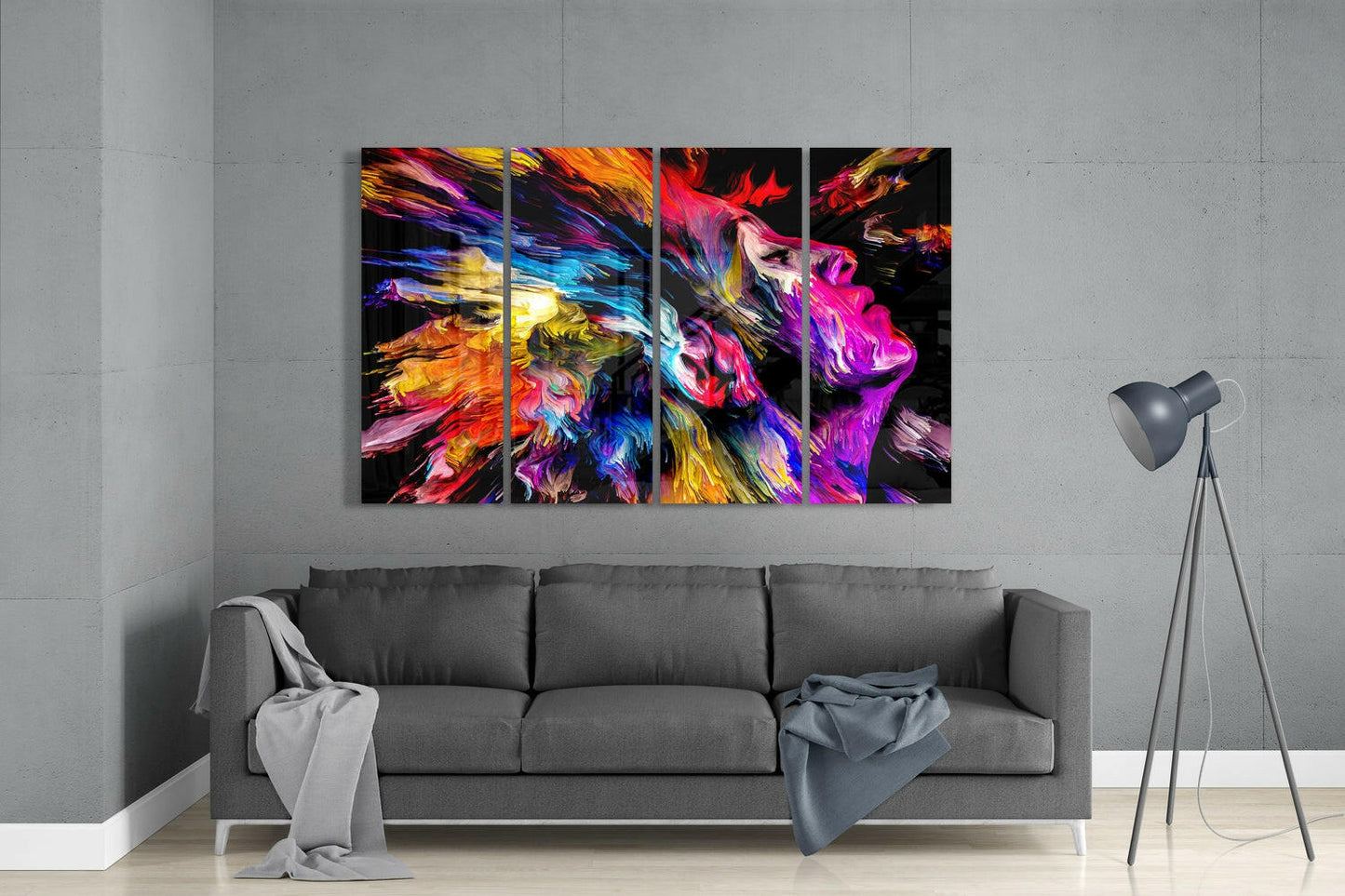 Fiery Red Paint Burst Woman Profile 4 Pieces Mega Glass Wall Art