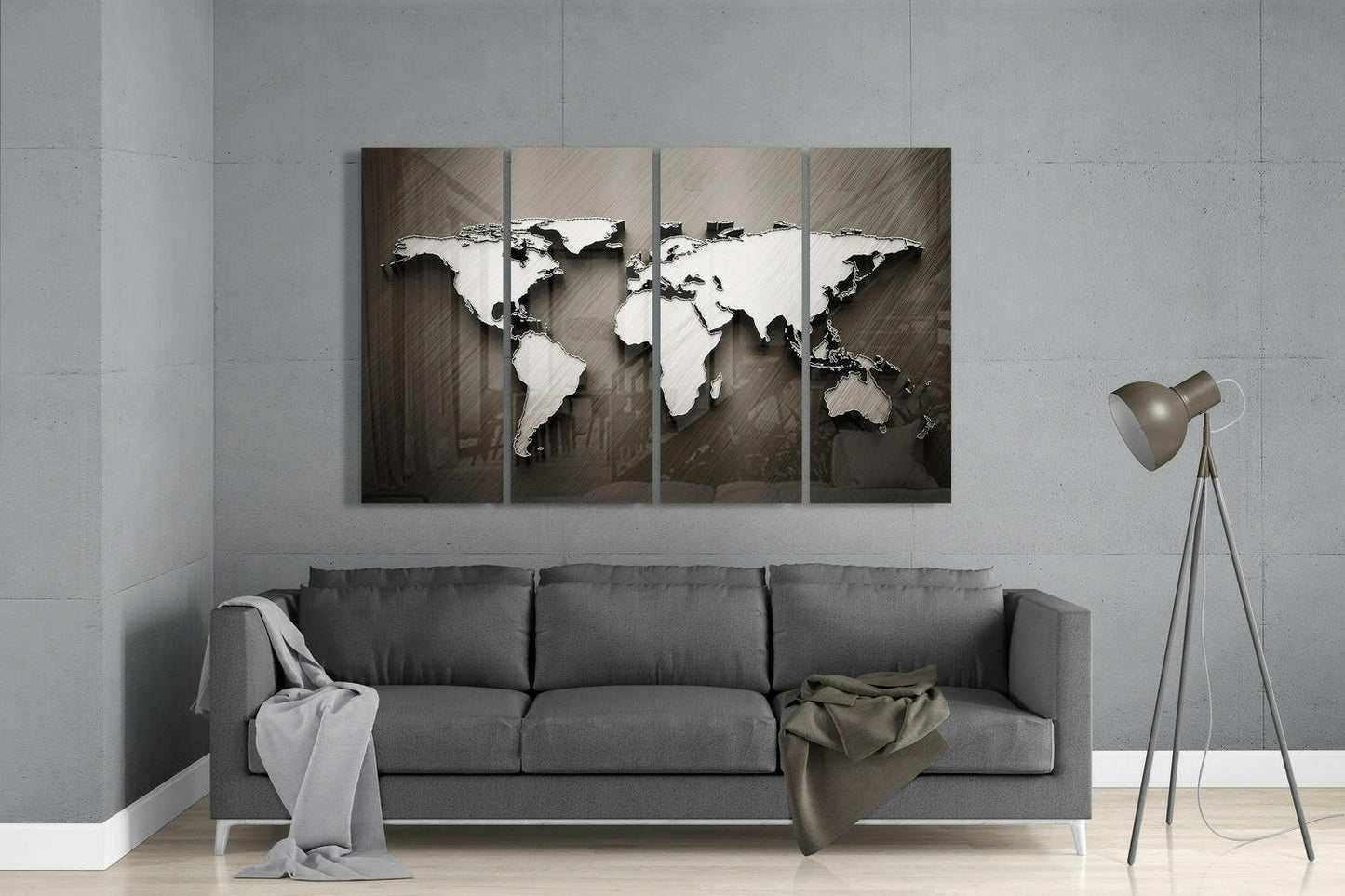 Embossed 3D World Map Bronze Glass Wall Art
