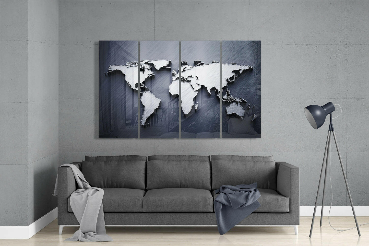Embossed 3D World Map Blue Glass Wall Art