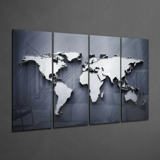 Four-panel blue glass world map wall art with white embossed continents displayed on gray wall at angle.