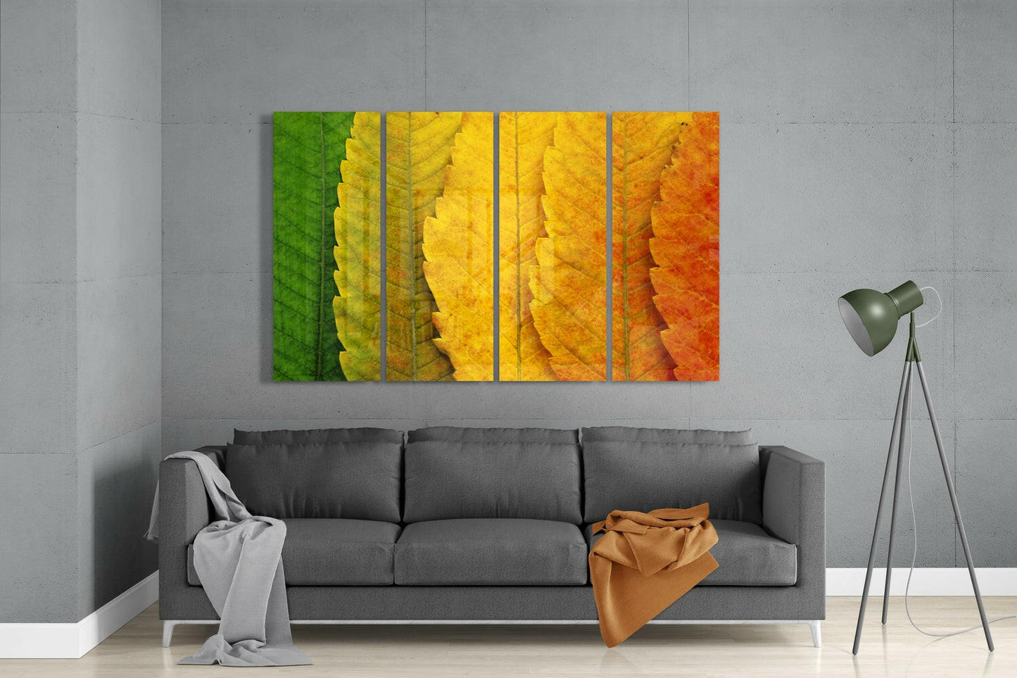 Green to Amber Gradient Leaves 4 Pieces Mega Glass Wall Art