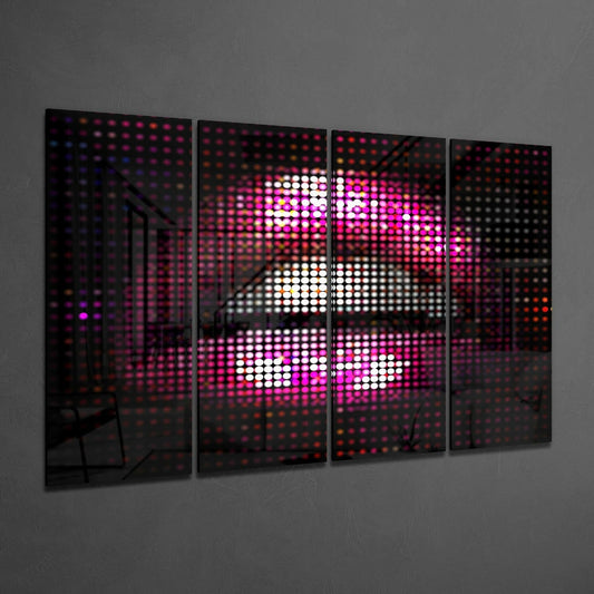 Four glass panels displaying pixelated pink and white LED dot matrix lips design mounted on gray wall.