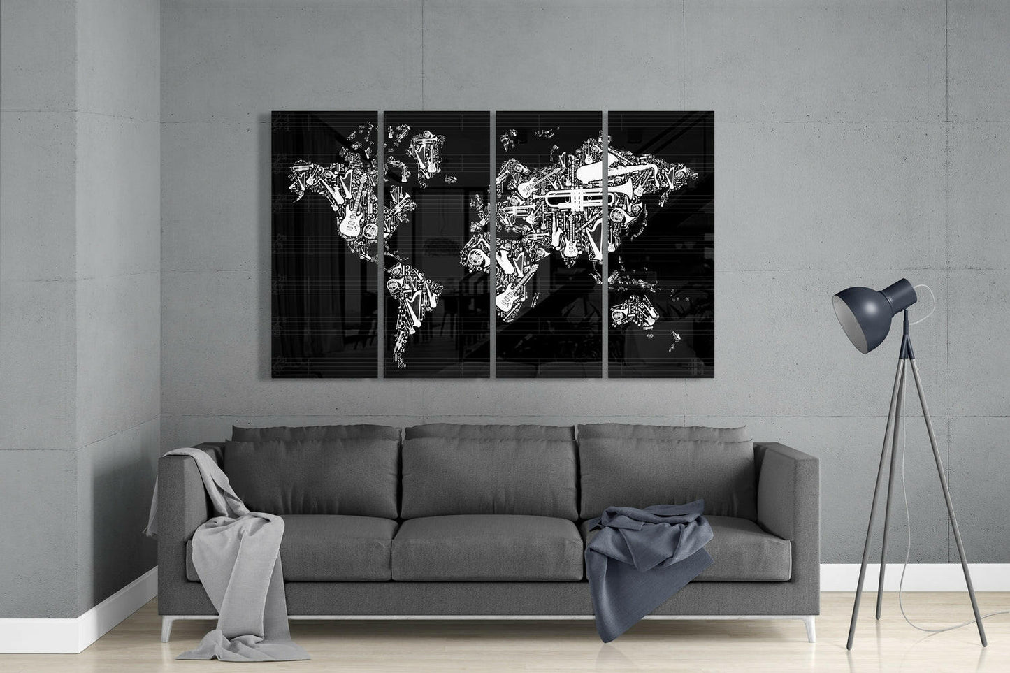 Musical Instruments World Map Glass Wall Art