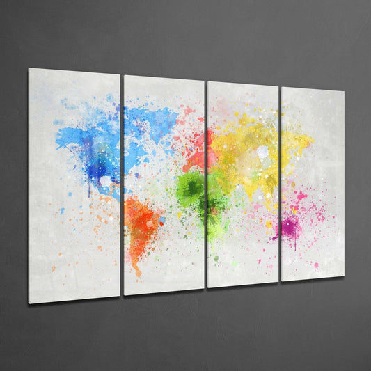 Four-panel glass wall art displaying a watercolor world map in blue, red, orange, yellow, green, and pink splashes on cream background, angled perspective view.