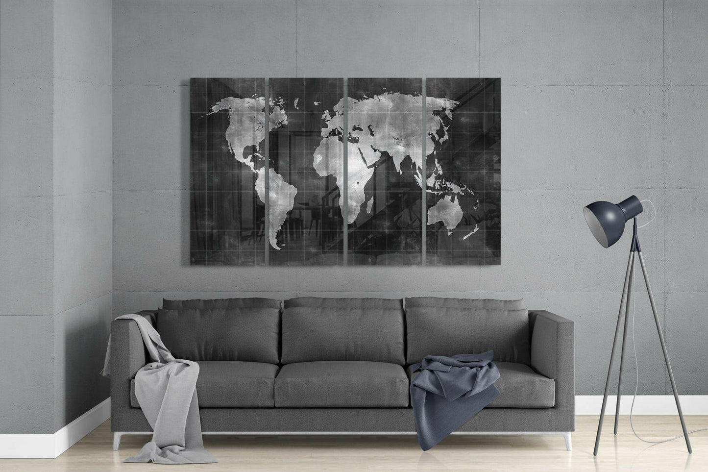 Chalkboard Silver World Map Glass Wall Art