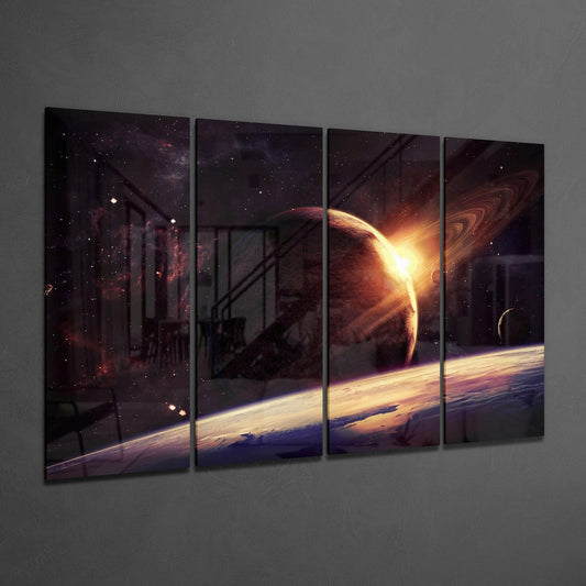 Four-panel glass wall art displaying a cosmic scene with glowing planets, starfield, and illuminated planetary surface against gray wall.