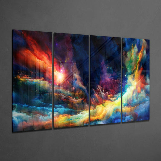 Four-panel glass wall art displaying an abstract cosmic scene with swirling red, orange, yellow, blue, and purple clouds against a gray wall.