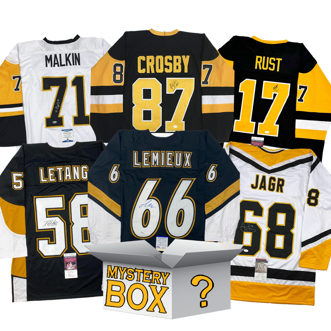 Six autographed Pittsburgh Penguins hockey jerseys in black, white, and gold displaying player names Malkin, Crosby, Rust, Letang, Lemieux, and Jagr arranged around a gray mystery box.