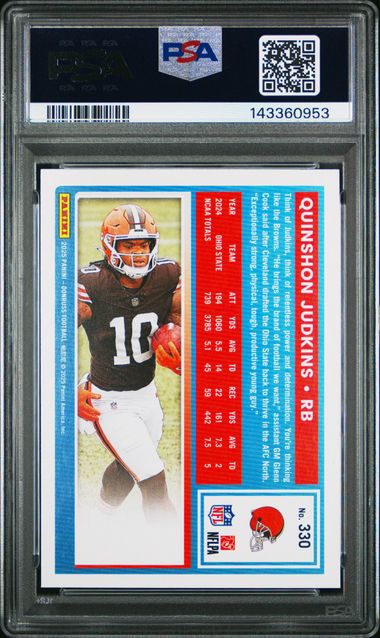 PSA-graded football card front showing Quinshon Judkins in orange and brown uniform, red borders, blue stat panel, graded 10 Gem Mint.