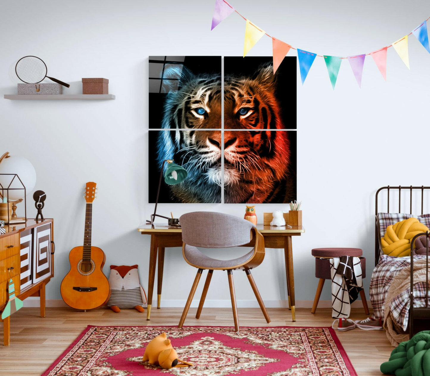 Four-panel glass wall art depicting a tiger's face split into blue and orange halves with piercing white eyes, displayed above a wooden desk in a colorful bedroom.