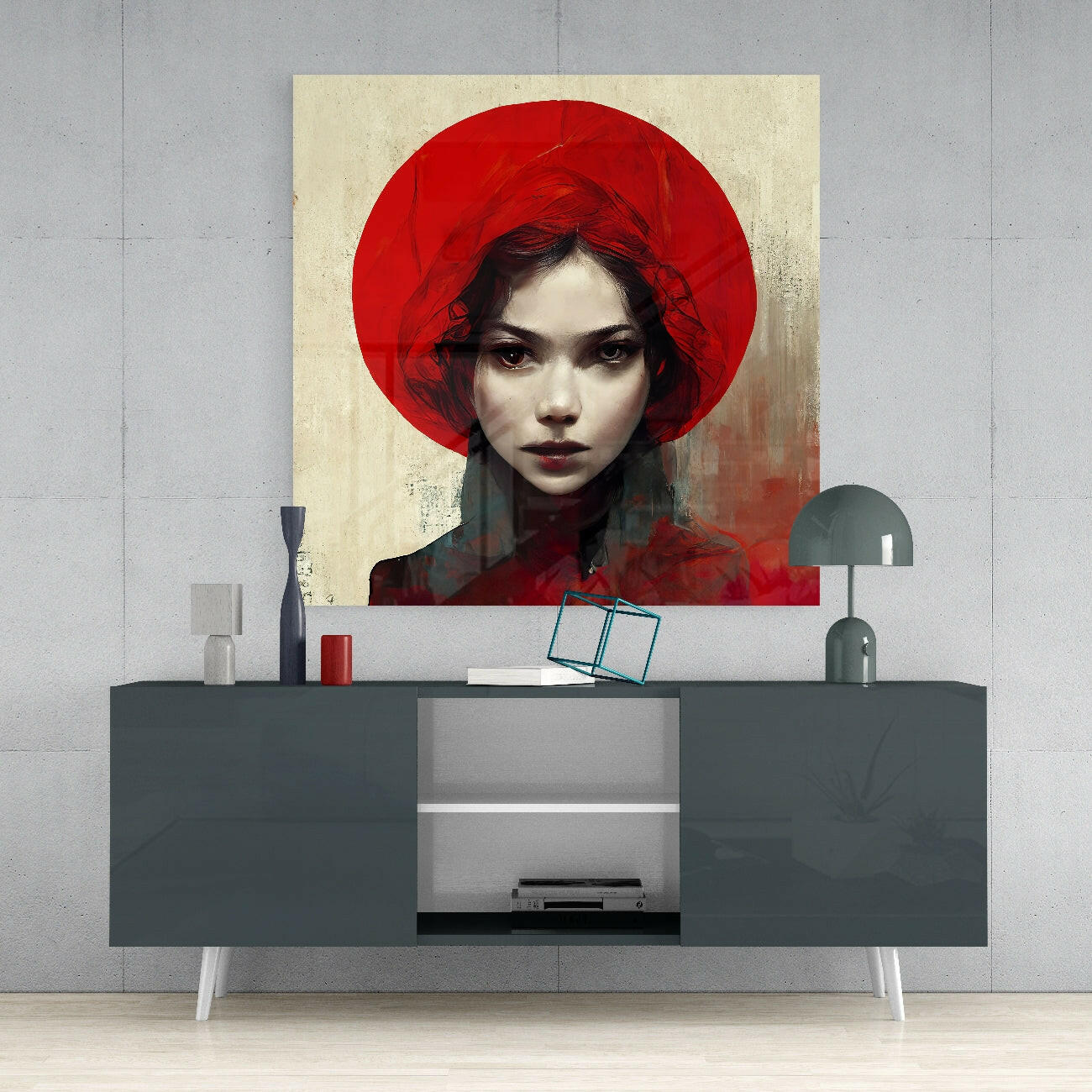 Modern interior scene featuring a framed portrait of a woman wearing a red hat against a cream background, displayed above a dark gray media console.