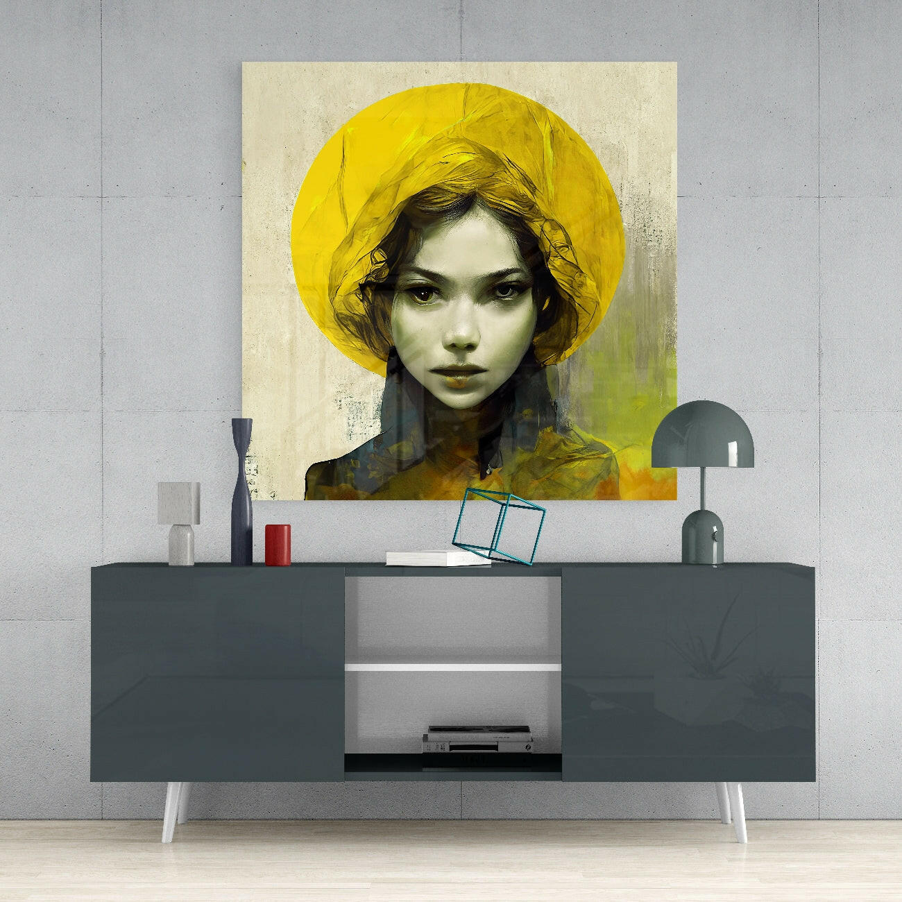 Modern interior styling photograph showing the Yellow Hat glass wall art displayed above a dark sideboard with decorative accessories.