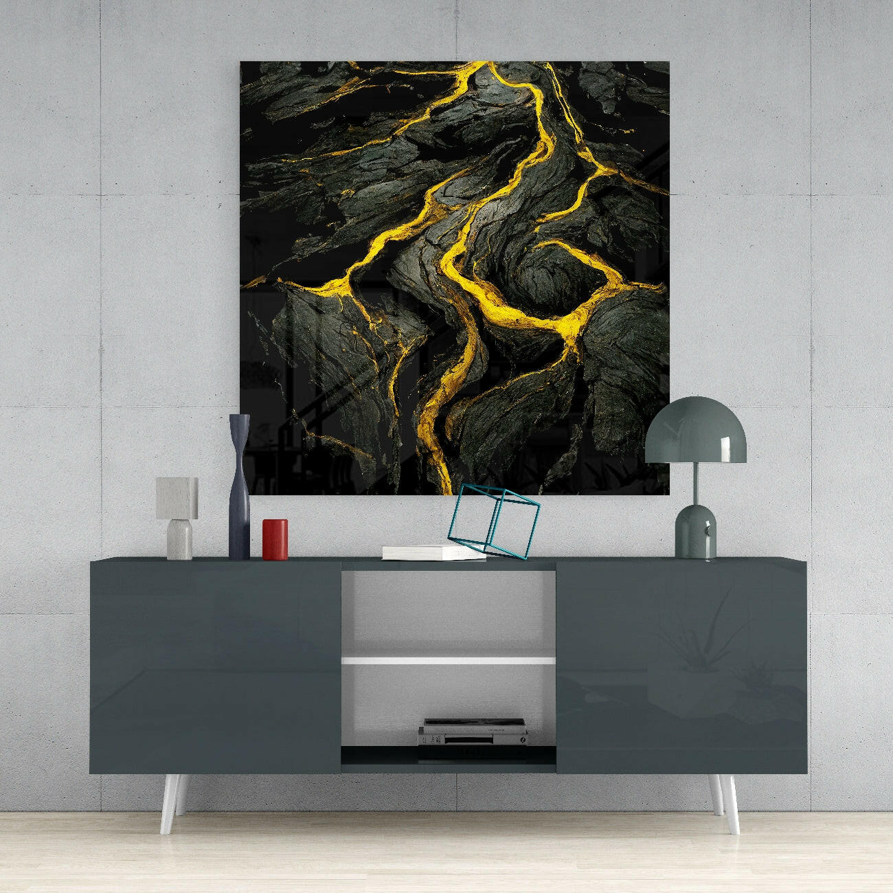 Lava Glass Wall Art mounted above a gray media console, displaying glowing yellow lava flows through black volcanic rock texture.
