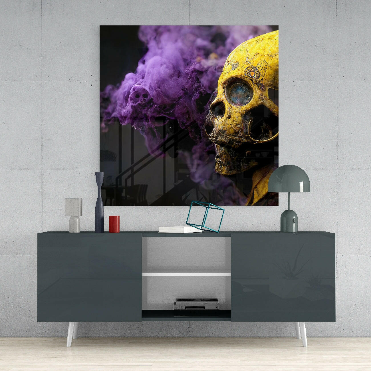 Golden Skull Profile Purple Smoke Glass Wall Art