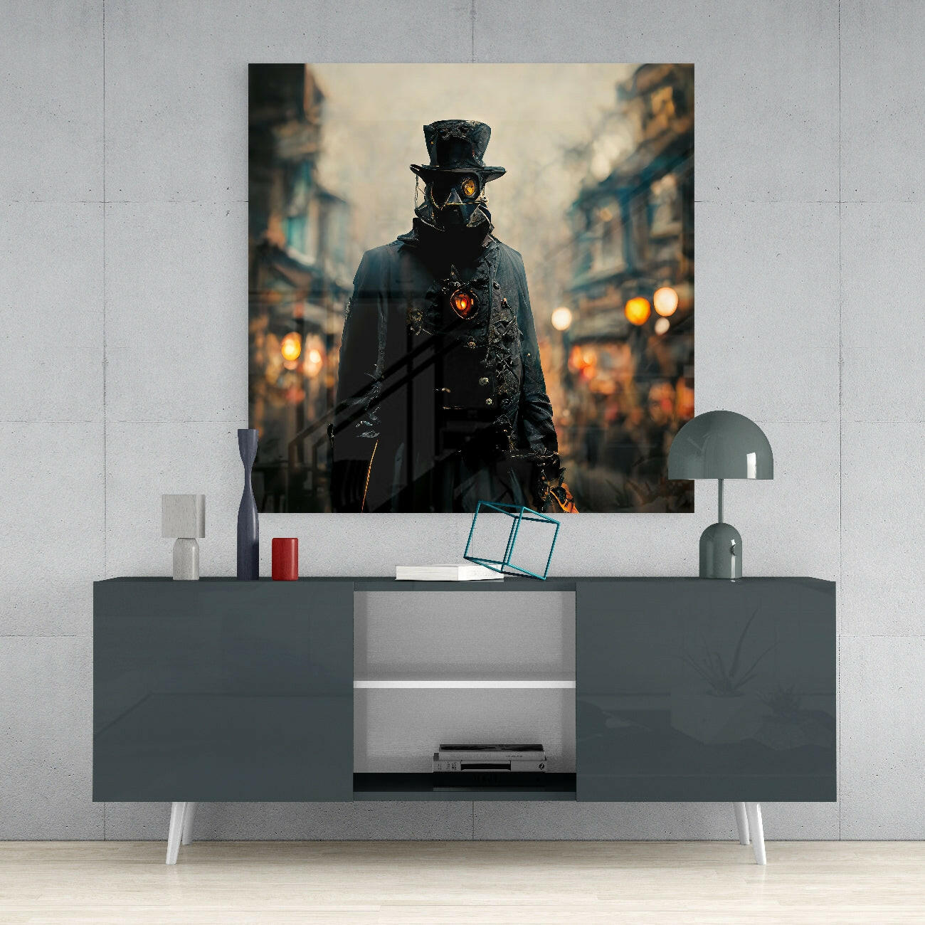 Steampunk-masked figure in black coat and top hat standing in a vintage street scene, displayed as wall art above a gray media console.