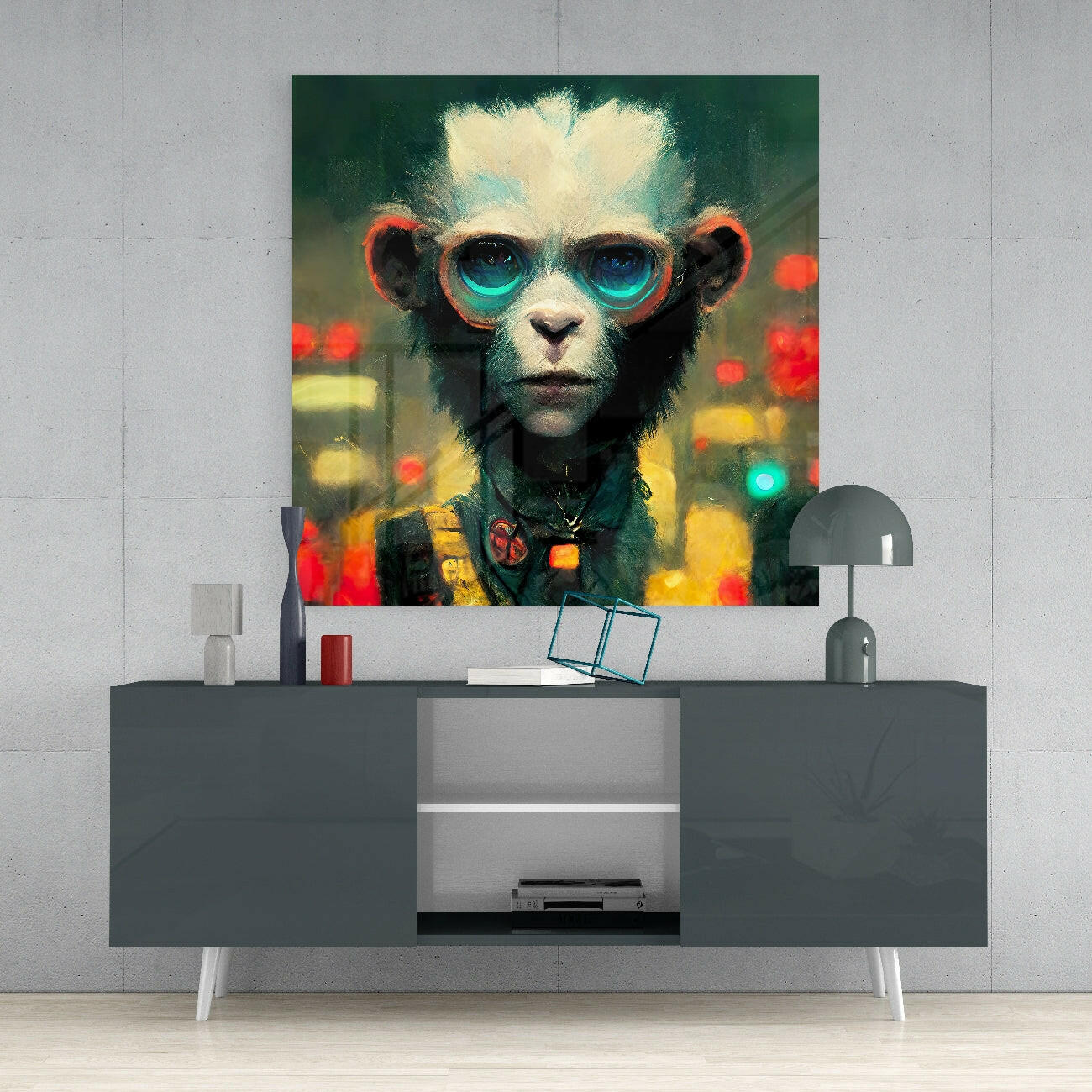 Futuristic primate wearing turquoise goggles displayed on wall above gray media console in modern interior setting.
