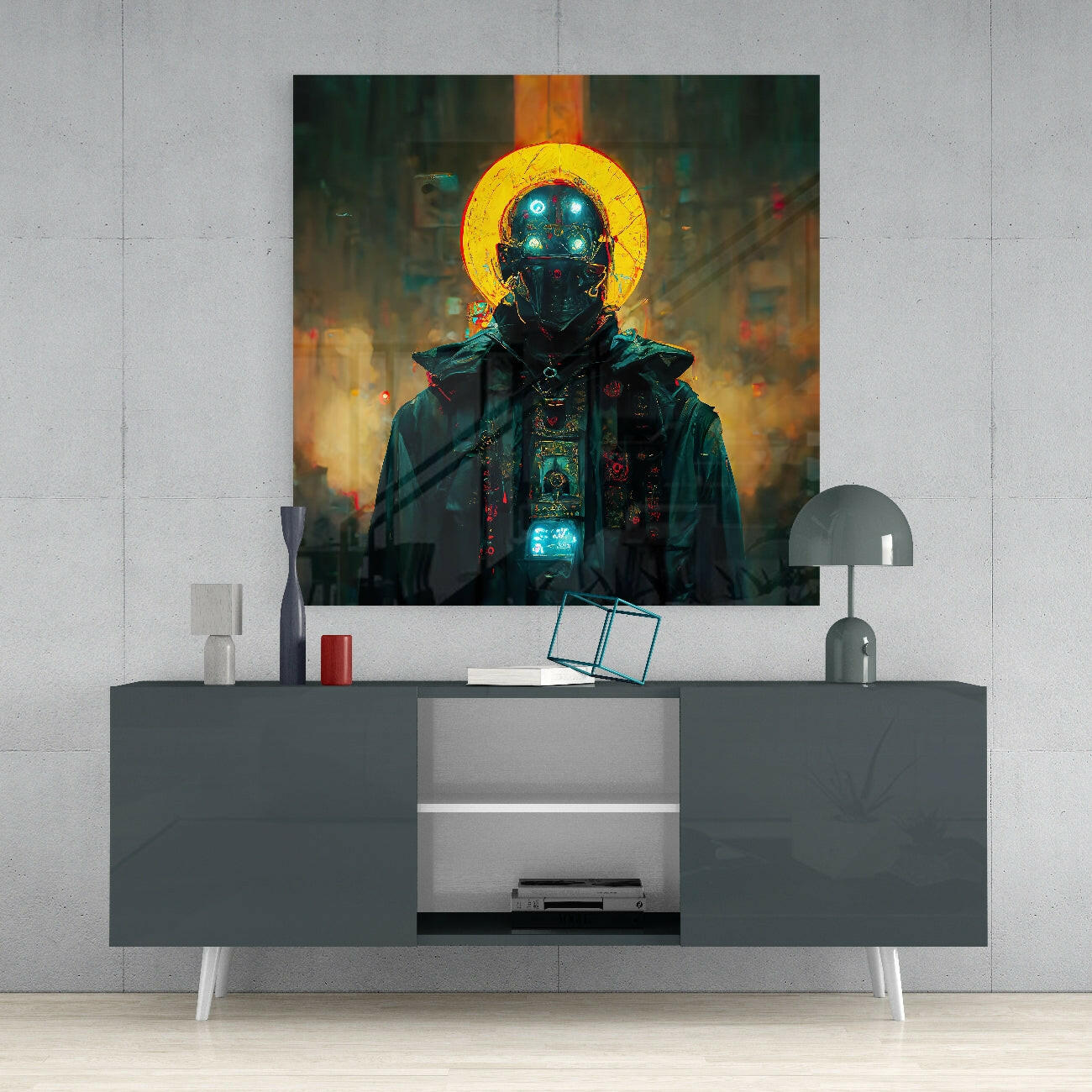Futuristic cyborg figure with glowing yellow halo and luminescent chest panel displayed above gray media console in modern interior setting.