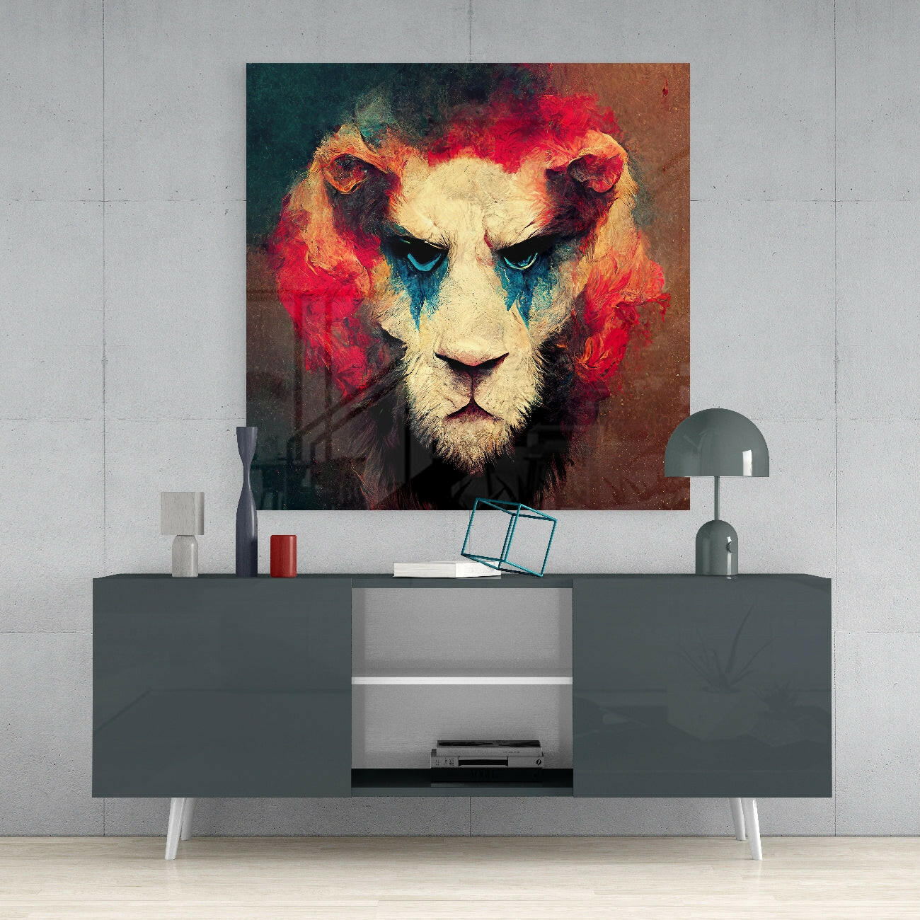 Fiery Red Mane Lion Blue Eyes Glass Wall Art