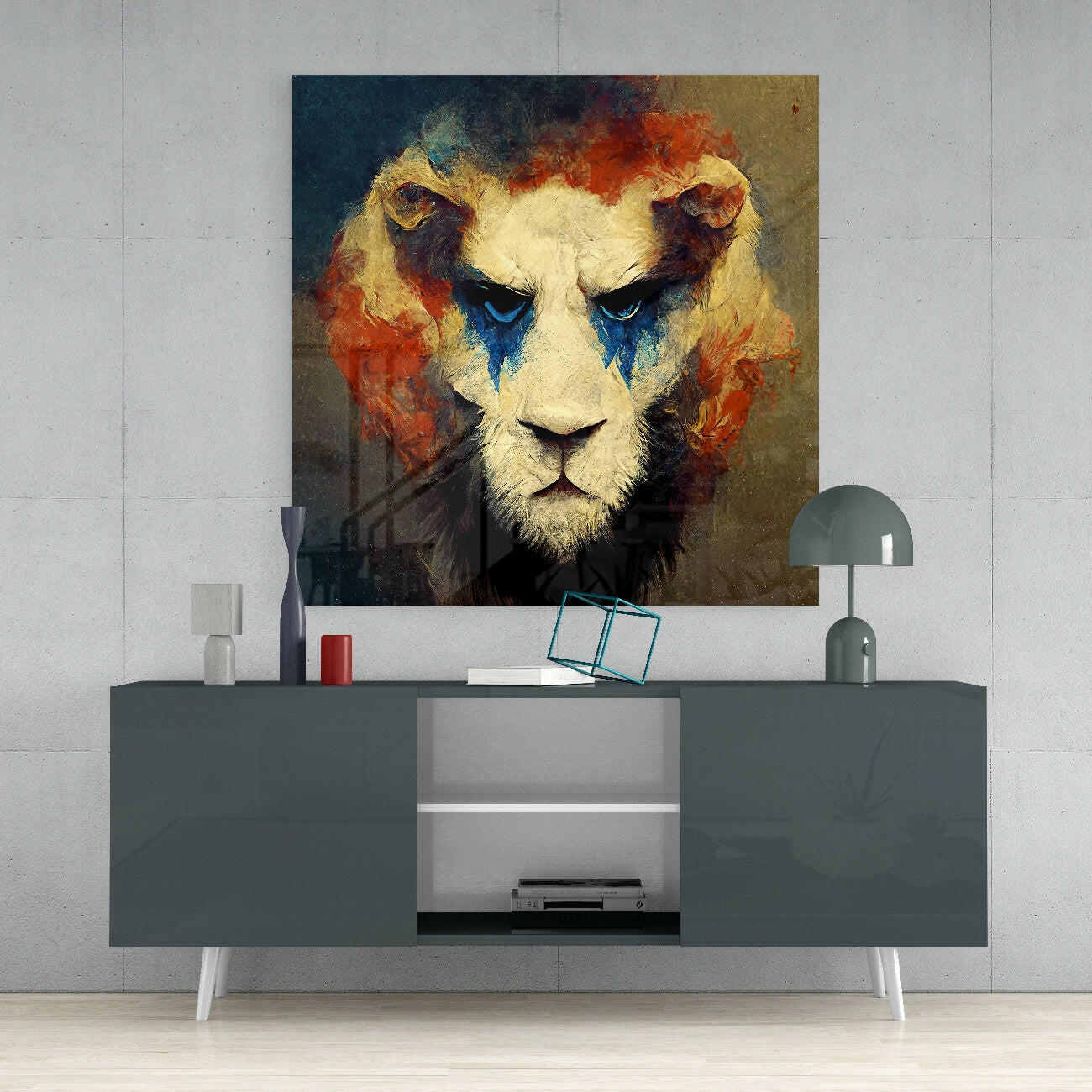 Blue War Paint Lion Amber Mane Glass Wall Art