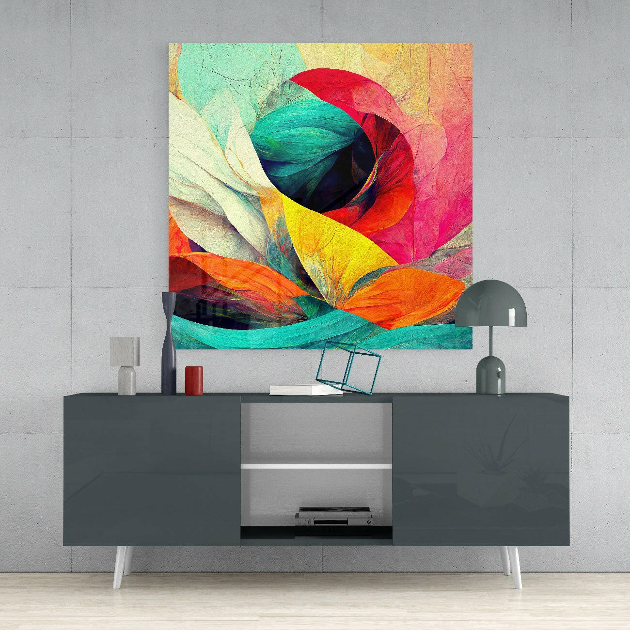 Turquoise and Orange Petal Bloom Glass Wall Art