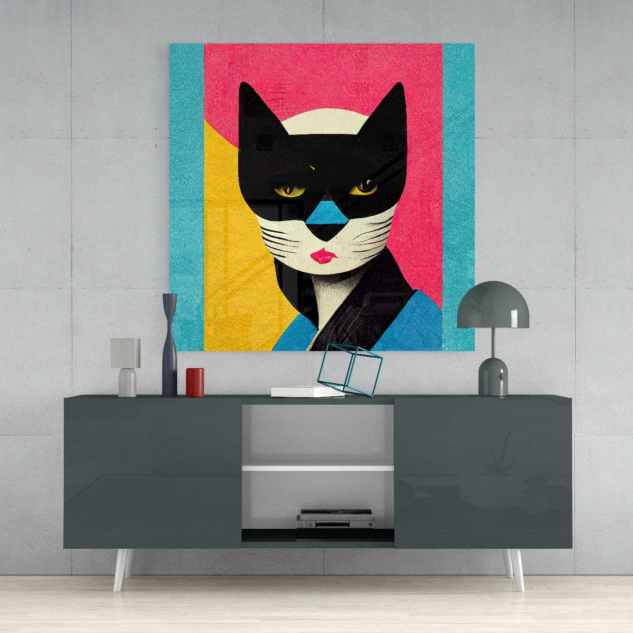 Black Masked Cat Pink Yellow Blocks Glass Wall Art