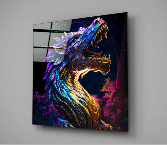 Angled view of a glass wall art panel displaying a neon-glowing purple and blue dragon with golden accents against a dark background with magenta flowers.