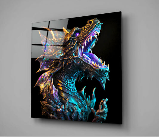 Black glass wall art panel angled right, displaying a neon-glowing dragon with iridescent teal, purple, and gold coloring against dark background.