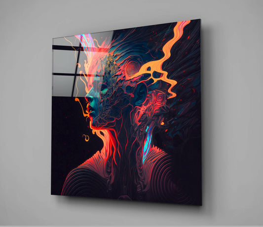 Square glass wall art mounted on gray wall displaying vibrant neon profile with orange flame effects and dark swirling patterns.