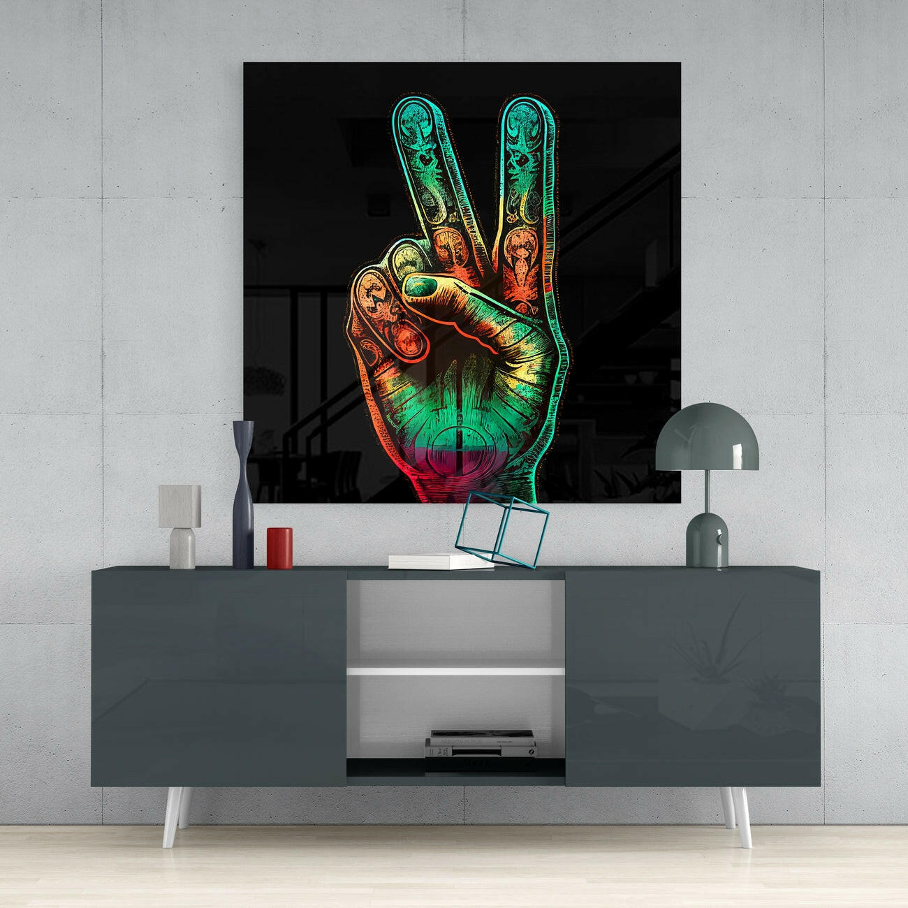 Colorful Peace Fingers Hand Sign Glass Wall Art
